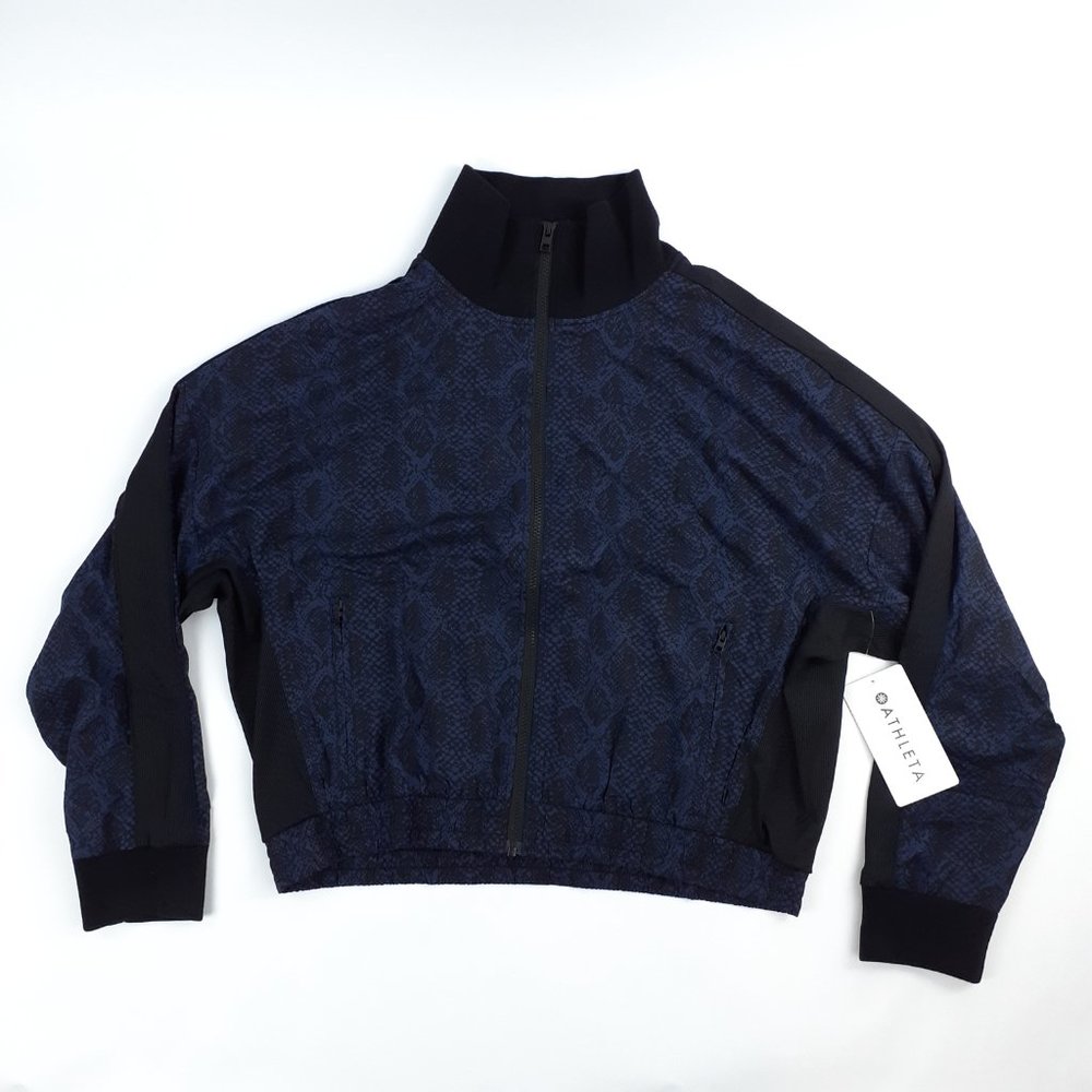 Athleta Large Jacket Brooklyn Track Bomber Snake Print Zip Pockets Blue Gym Run
